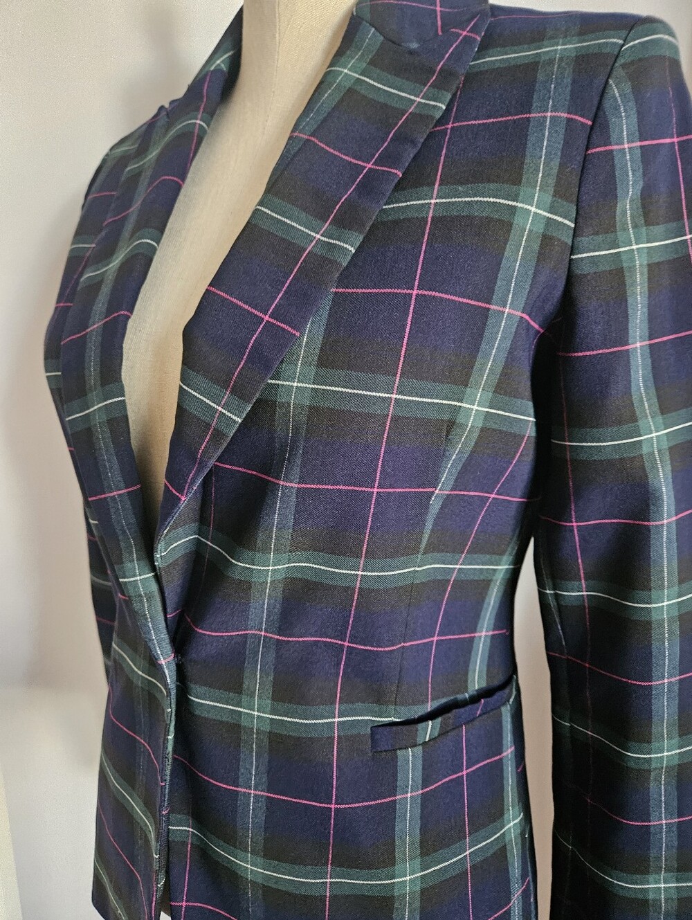 AUTRES FILLES Tartan Plaid Blazer Jacket Navy Green Pink Gold Buttons | SZ XS - Picture 6 of 8